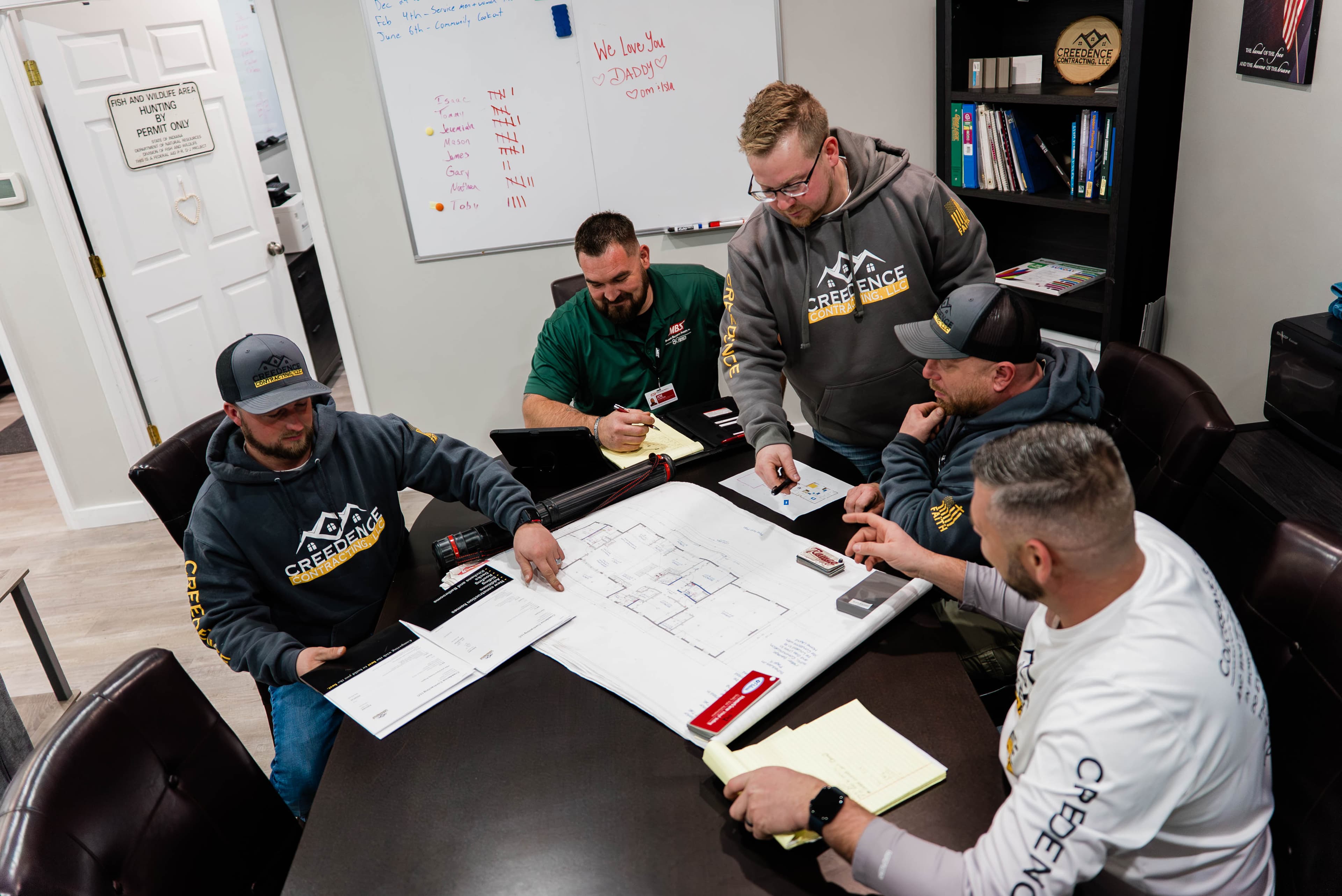 Team reviewing blueprints